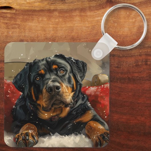 Rottweiler Hond Kerstfeest Sleutelhanger (Achterkant)