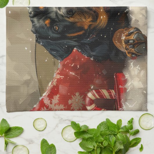 Rottweiler Hond Kerstfeest Theedoek (Gevouwen)