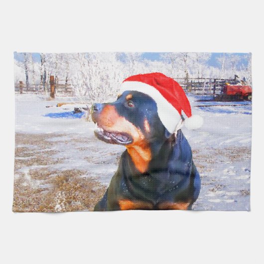 Rottweiler Hond Kerstmis Schilderij Theedoek (Horizontaal)