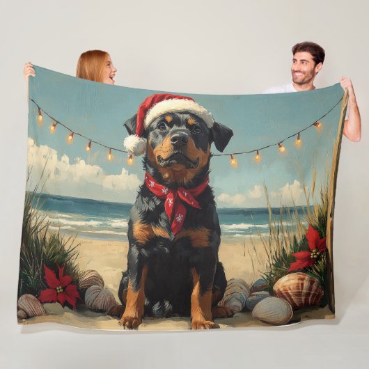 Rottweiler Hond Kerstmis Vintage Strand Fleece Deken (In situ)