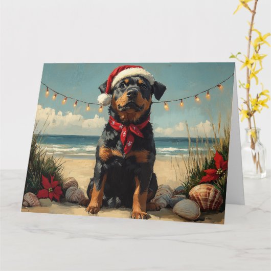 Rottweiler Hond Kerstmis Vintage Strand Kaart (Gele Bloem)