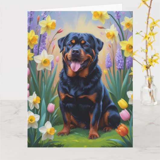Rottweiler-hond lente bloemen schilderij kaart (Gele Bloem)