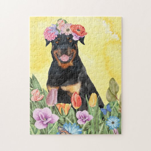 Rottweiler Hond met Bloemen Lente Legpuzzel (Verticaal)