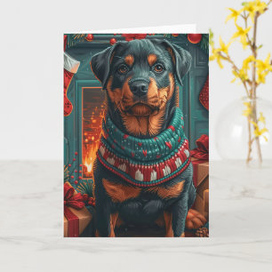 Rottweiler-hond met kerstcadeaus bij de open haard kaart