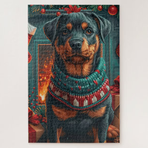 Rottweiler-hond met kerstcadeaus open haard legpuzzel