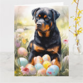 Rottweiler Hond met Paaseieren Vakantie Kaart (Gele Bloem)