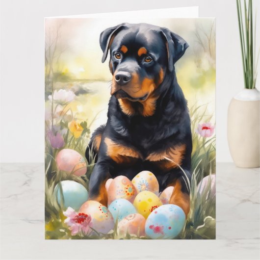Rottweiler Hond met Paaseieren Vakantie Kaart (Voorkant)