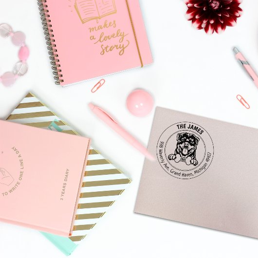 Rottweiler hond retour adres familie rubberstempel