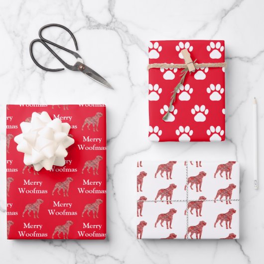 Rottweiler Hond Silhouet Rood Merry Woofmas Inpakpapier Vel (Voorkant)