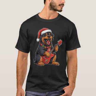 Rottweiler-hond speelt gitaar Kerstman-hoed Kerstm T-shirt