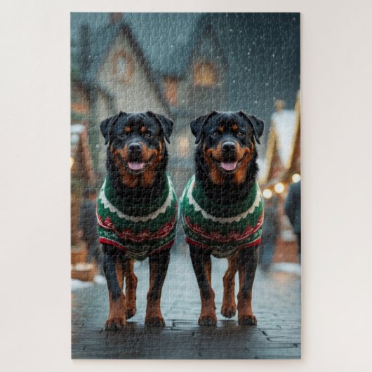 Rottweiler Honden Kerst Sneeuw Feestdag Legpuzzel (Verticaal)
