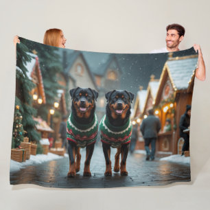 Rottweiler Honden Kerst Sneeuw Vakantie Fleece Deken