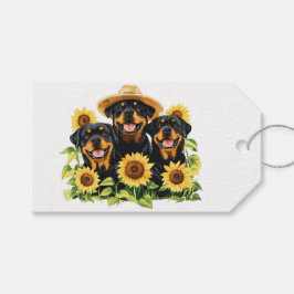 Rottweiler honden omringd door zonnebloemen cadeaulabel