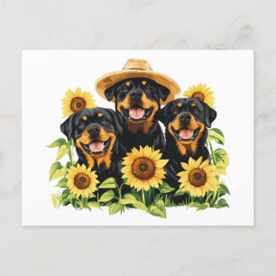 Rottweiler honden omringd door zonnebloemen feestdagenkaart