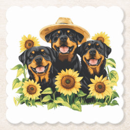 Rottweiler honden omringd door zonnebloemen kartonnen onderzetters