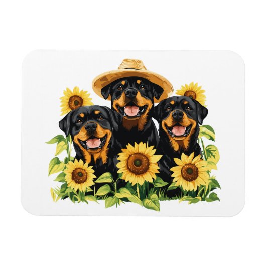 Rottweiler honden omringd door zonnebloemen magneet (Horizontaal)