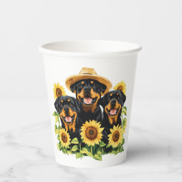 Rottweiler honden omringd door zonnebloemen papieren bekers