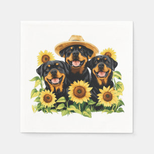 Rottweiler Honden Omringd Door Zonnebloemen Servet