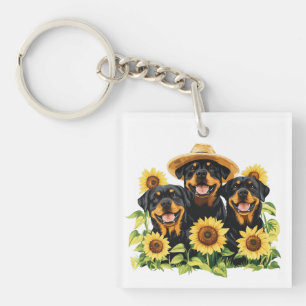 Rottweiler honden omringd door zonnebloemen sleutelhanger