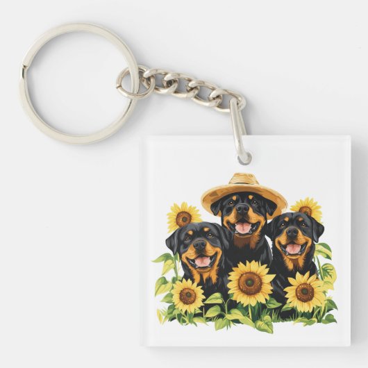 Rottweiler honden omringd door zonnebloemen sleutelhanger (Voorkant)