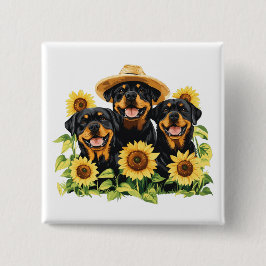 Rottweiler honden omringd door zonnebloemen vierkante button 5,1 cm