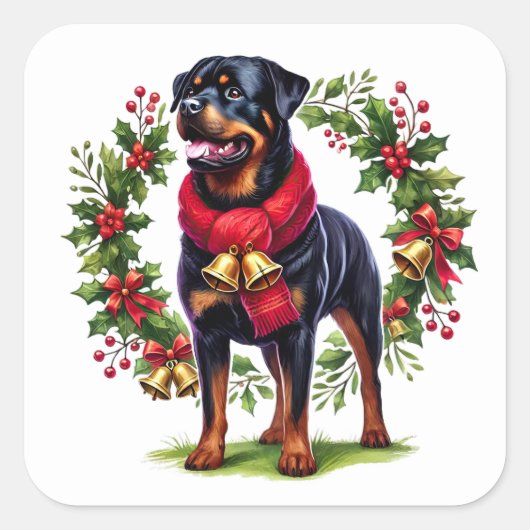 Rottweiler in een kerstkrans met klokken vierkante sticker (Voorkant)