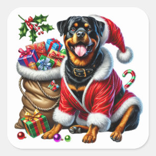 Rottweiler in feestelijke kleding met kerstcadeaus vierkante sticker