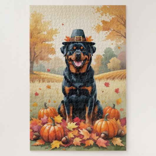 Rottweiler in herfstbladeren Thanksgiving kunst Legpuzzel (Verticaal)