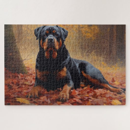 Rottweiler in herfstbladeren val inspireert legpuzzel (Horizontaal)