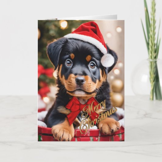 Rottweiler Kerst puppy in een mandje Feestdagen Kaart (Voorkant)