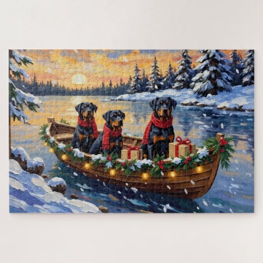 Rottweiler Kerstboot Vakantie Legpuzzel (Horizontaal)