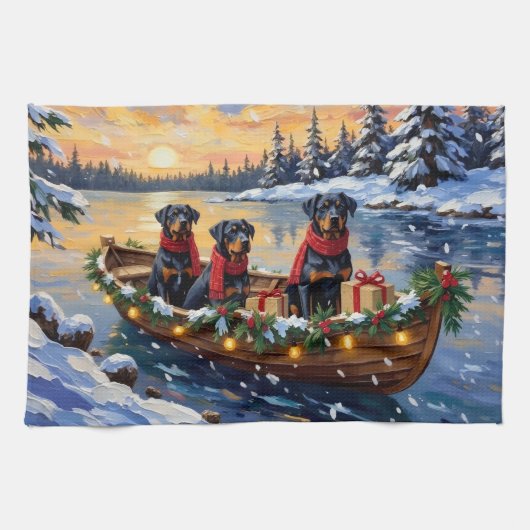 Rottweiler Kerstboot Vakantie Theedoek (Horizontaal)