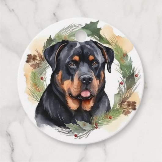 Rottweiler Kerstkrans Feestelijke Pup Bedankjes Labels (Voorkant)