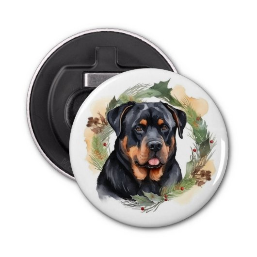 Rottweiler Kerstkrans Feestelijke Pup Button Flesopener (Voorkant)