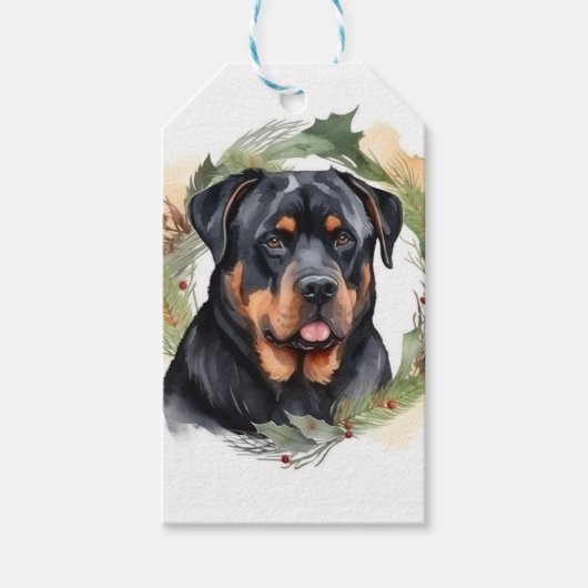 Rottweiler Kerstkrans Feestelijke Pup Cadeaulabel (Voorkant)