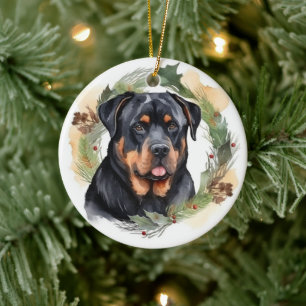 Rottweiler Kerstkrans Feestelijke Pup Keramisch Ornament