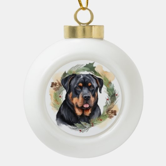 Rottweiler Kerstkrans Feestelijke Pup Keramische Bal Ornament (Voorkant)