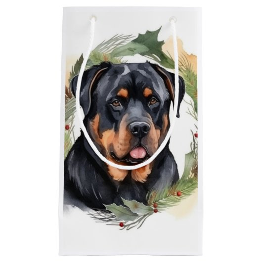 Rottweiler Kerstkrans Feestelijke Pup Klein Cadeauzakje (Voorkant)