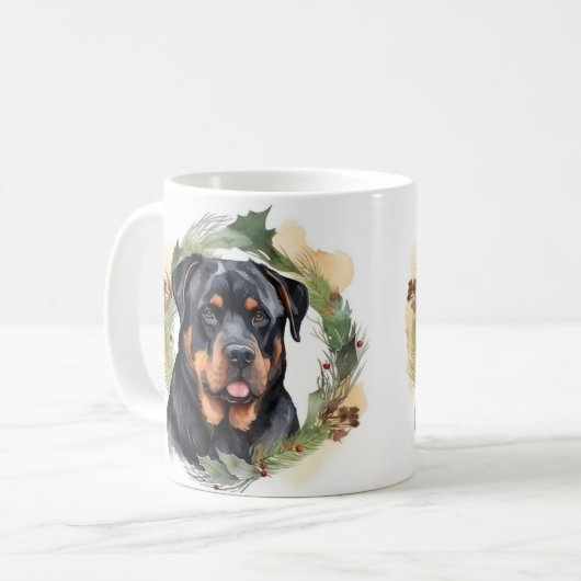 Rottweiler Kerstkrans Feestelijke Pup Koffiemok (Voorkant links)