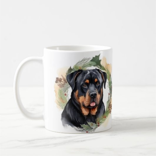 Rottweiler Kerstkrans Feestelijke Pup Koffiemok (Links)