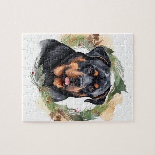 Rottweiler Kerstkrans Feestelijke Pup Legpuzzel (Horizontaal)
