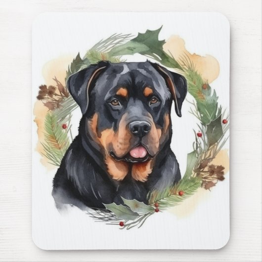 Rottweiler Kerstkrans Feestelijke Pup Muismat (Voorkant)