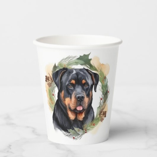 Rottweiler Kerstkrans Feestelijke Pup Papieren Bekers (Voorkant)
