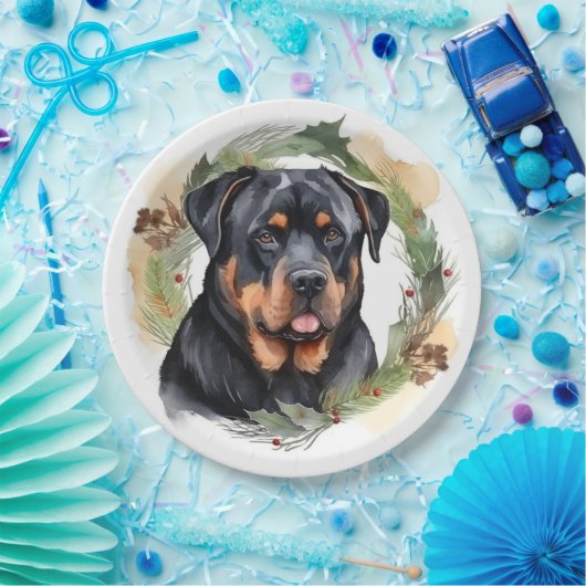 Rottweiler Kerstkrans Feestelijke Pup Papieren Bordje (Feest)