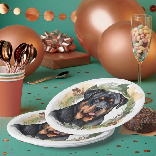 Rottweiler Kerstkrans Feestelijke Pup Papieren Bordje (Multi)