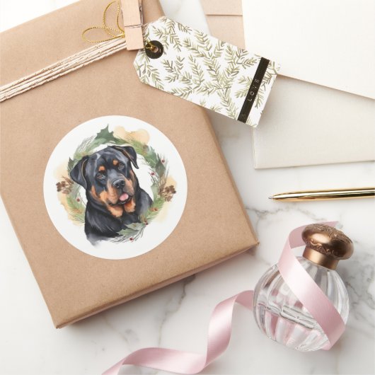 Rottweiler Kerstkrans Feestelijke Pup Ronde Sticker (Geschenken)