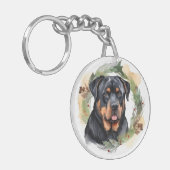 Rottweiler Kerstkrans Feestelijke Pup Sleutelhanger (Voorkant Links)