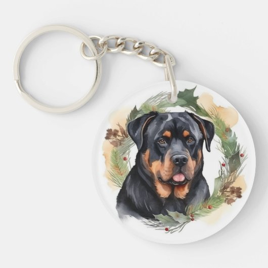 Rottweiler Kerstkrans Feestelijke Pup Sleutelhanger (Voorkant)