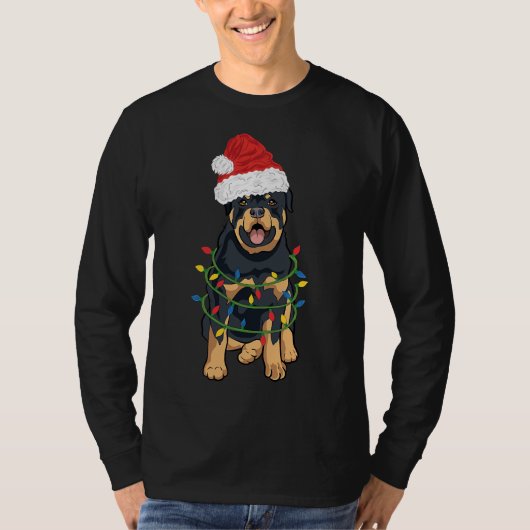 Rottweiler-kerstrottweiler in Santa Hat en L T-shirt (Voorkant)