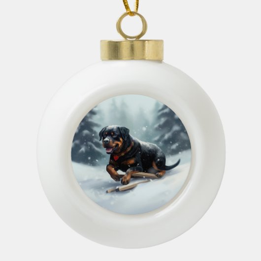 Rottweiler Kerstsneeuw winter Sierkussen Keramische Bal Ornament (Voorkant)
